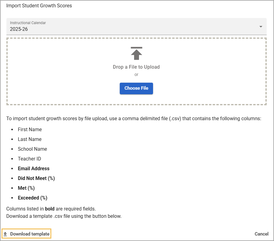 Instructions for importing student growth scores with required fields and file upload options.